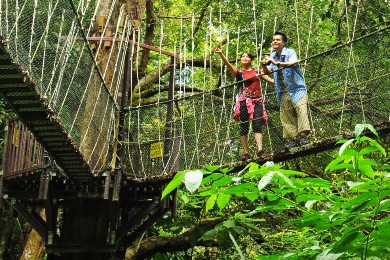 ナバル村からキナバル山を望み、世界遺産のキナバル公園観光の後、ポーリング温泉で足湯